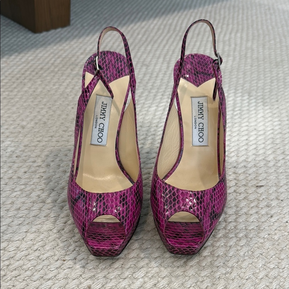 Jimmy Choo Fuchsia Snakeskin Peep Toe Slingback Heels size EU 40
